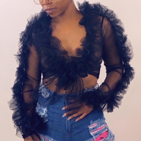 Black sheer ruffle tie top - Picture 5 of 6